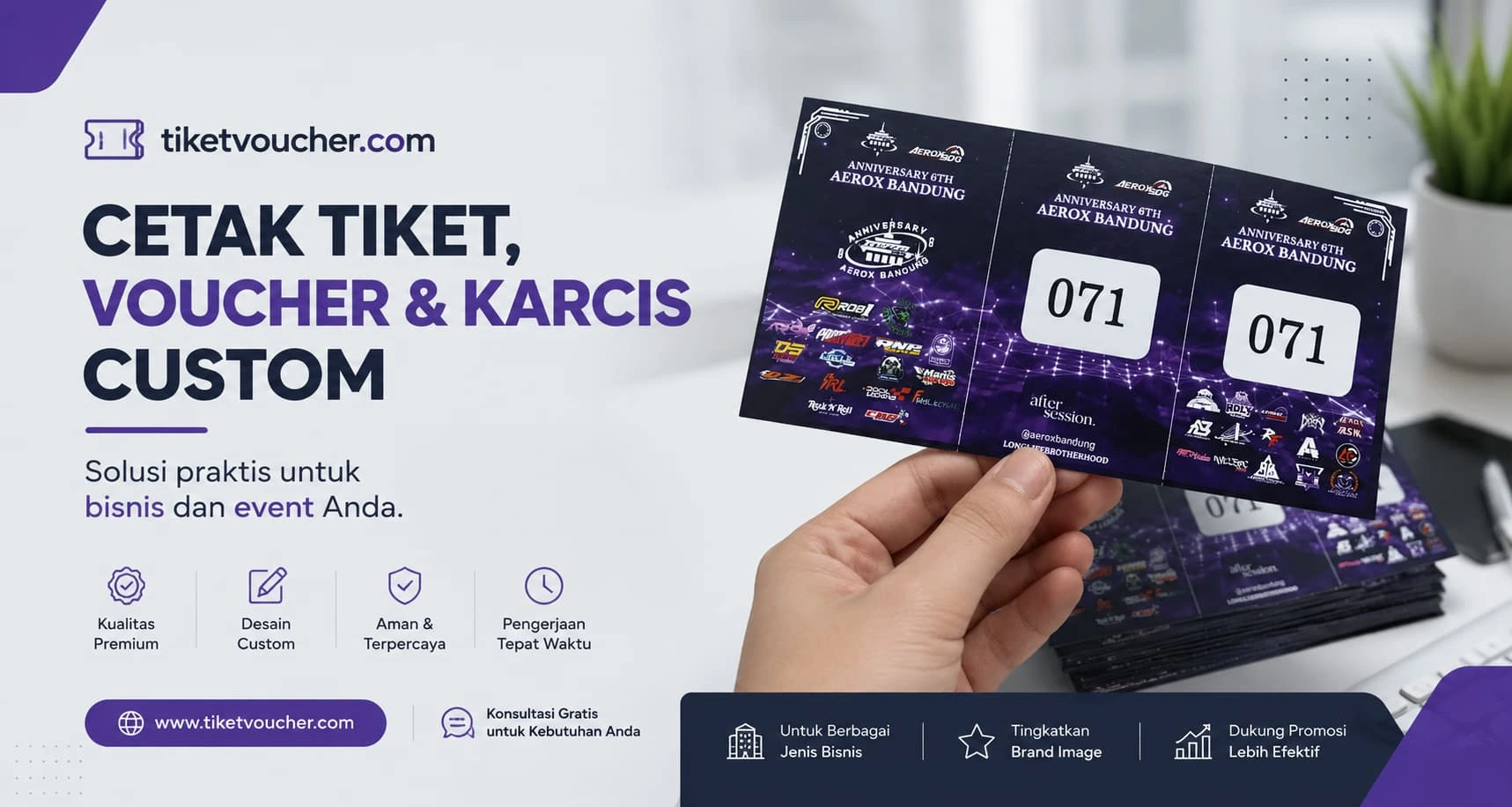 Cetak tiket voucher dan karcis custom untuk bisnis dan event
